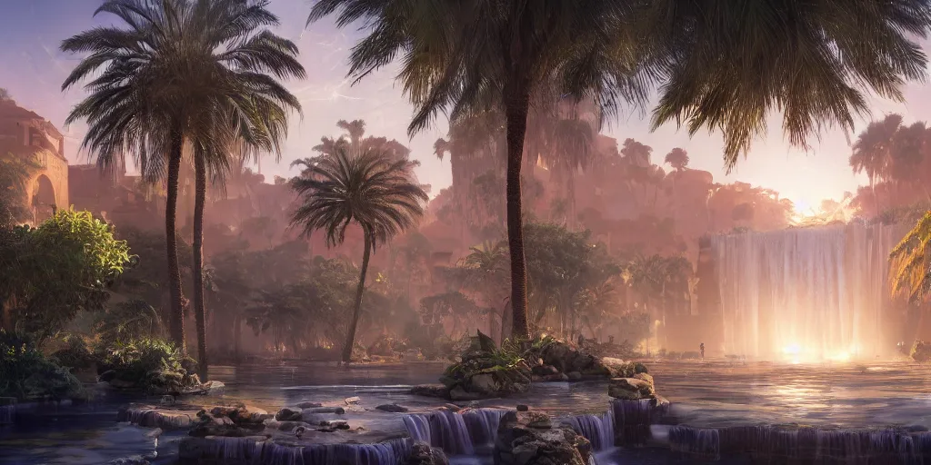 Image similar to beautiful oasis waterfalls surrounded by palm trees moroccan tile archways, date trees, ivory towers sunset peter morbacher ross tran angelarium greg rutkowski alchemy luxury heavenly light soft illumination, trending on artstation cinematic lighting digital painting octane render, artgerm