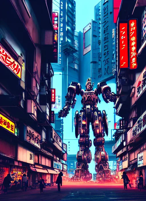 Image similar to market in japan, cyberpunk style, giant mecha - warrior in battle pose in center of field on first plan, bright neon signs, larry elmore, octane render, 3 d render, hard surface, masterpiece, trending on artstation, featured on pixiv, cinematic composition, hyper - detailed, hd, hdr, 4 k, 8 k