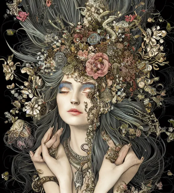 Prompt: Floralpunk elysian Maiden, silver, gold leaf, ivory and obsidian, detailed intricate ink illustration, heavenly atmosphere, detailed illustration, hd, 4k, digital art, overdetailed art, concept art, complementing colors, vivid colors, trending on artstation, art nouveau designs, Cgstudio, the most beautiful image ever created, dramatic, illustration painting by alphonse mucha and Ruan Jia, vibrant colors, 8K, style by Wes Anderson, award winning artwork, high quality printing, fine art, beautiful scenery, by Makoto Shinkai, syd meade, 8k ultra hd, artstationHD, 3d render, hyper detailed