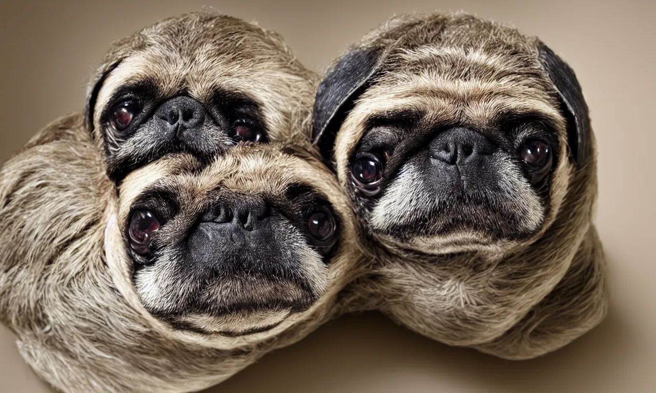 Image similar to sloth cross pug hybrid, chymera, in laboratory panoramic, wide depth of field, 8 k