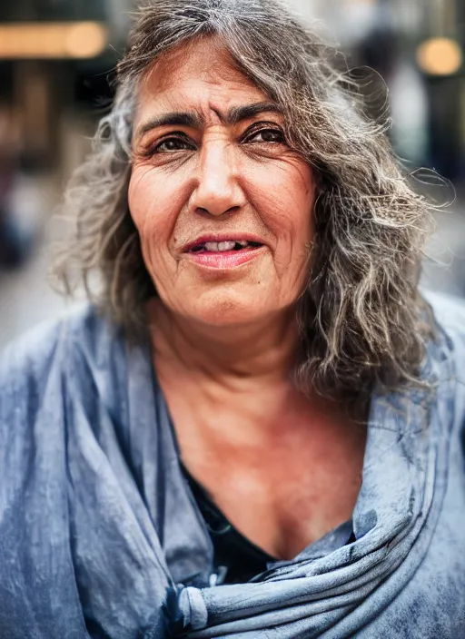 Image similar to close up portrait of beautiful Spanish 50-year-old woman model, chubby, with lovely look, happy, candid street portrait in the style of Martin Schoeller award winning, Sony a7R