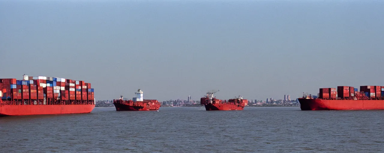 Image similar to a cargo ship transporting spaghetti in hudson river, background of the statute of liberty, canon 5 0 mm, photography, film, kodachrome