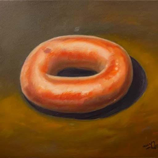 Prompt: an oil painting of a thick greasy sausage