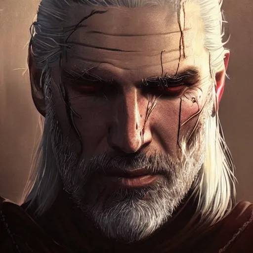 Prompt: geralt of rivia with long beard and intense eyes, scarred, burn mark, close up, portrait, sinister atmospheric lighting. highly detailed painting by greg rutkowski, anime style