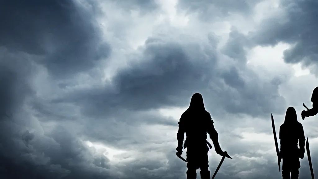 Prompt: two warriors holding swords standing looking up at a villain silhouette thunder lighting storm heavy rain dark clouds