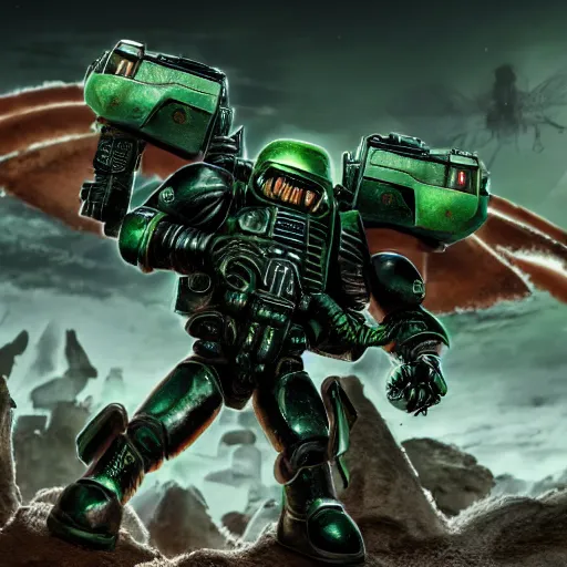 Image similar to dark angels chapter space marine terminator squad fighting a gigantic insectoid alien, 4 k, octane render, extremely detailed, martian landscape