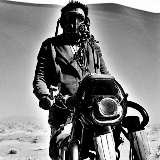 Prompt: a man wearing oxygen mask, heavily equipped, air tubes, straps, Mad Max inspired, in the desert, film still, arriflex 35