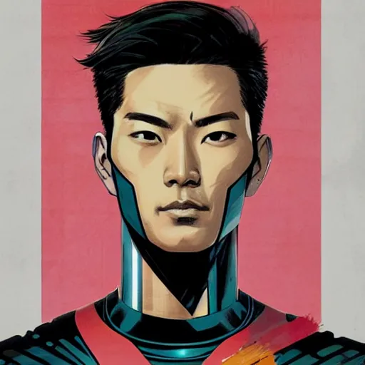 Prompt: portrait of a asian male android, by MARVEL comics and Sandra Chevrier