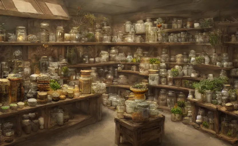 Image similar to an herbalist shop, adobe wall, simple wood shelves, lots of jars and boxes of herbs, dark fantasy matte painting in the style of ruan jia and craig mullins