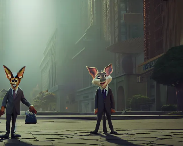 Image similar to a film still from zootopia main character portrait anthro anthropomorphic wolf security guard head animal person fursona wearing suit and tie pixar disney animation sharp rendered in unreal engine 5 anime key art by greg rutkowski bloom dramatic lighting modeling beginner render