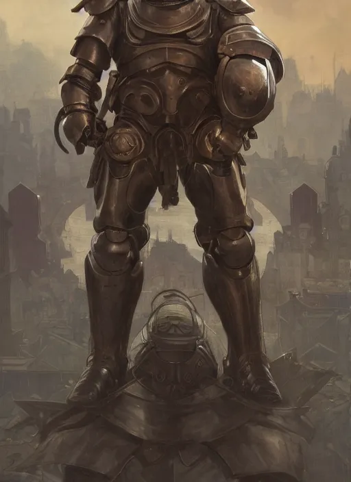 Image similar to medium-length portrait of a male paladin with short curly hair and a salt-and-pepper beard, dark brown skin, happy expression, wears a suit of power armor, magitech, medieval setting, highly detailed, digital painting, artstation, concept art, sharp focus, illustration, art by greg rutkowski and alphonse mucha