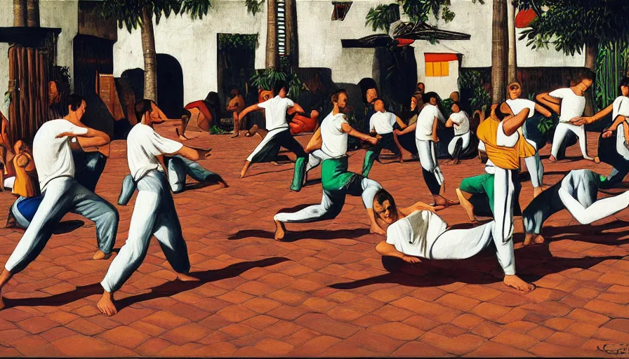 Image similar to capoeira, painting by escher