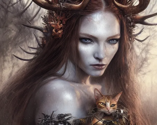 Image similar to 5 5 mm portrait photo of an armored gorgeous anesthetic redhead woman warrior with a face tattoo and antlers growing from her head and cat on her shoulder, in a magical forest in the style of luis royo. art by greg rutkowski. highly detailed 8 k. intricate. lifelike. soft light. nikon d 8 5 0.
