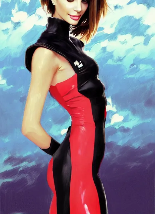 Image similar to full body portrait of a combination of Ashley Greene, Victoria Justice and Adriana Dxim, Grace Kelly and Lily Collins wearing a Plugsuit from Neon Genesis Evangelion, countryside, calm, fantasy character portrait, dynamic pose, above view, sunny day, thunder clouds in the sky, artwork by Jeremy Lipkin and Giuseppe Dangelico Pino and Michael Garmash and Rob Rey and Greg Manchess and Huang Guangjian, very coherent asymmetrical artwork, sharp edges, perfect face, simple form, 100mm