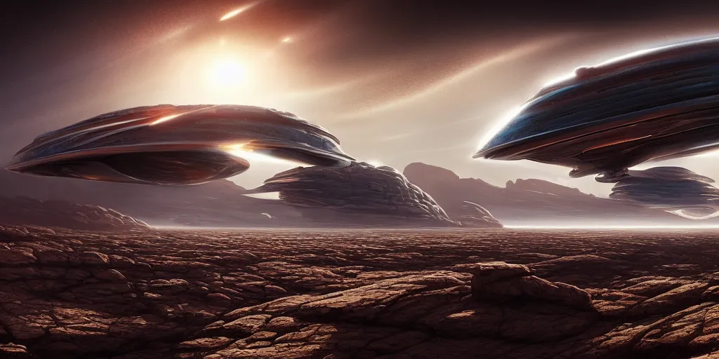 Image similar to giant tubular spaceship flying over rocky desert surface of planet, day, ultra high definition, ultra detailed, symmetry, god rays, sci - fi, dark fantasy, by paul chadeisson and denis villeneuve