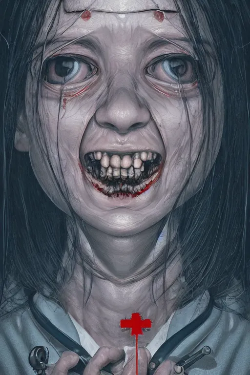 Image similar to cartoon portrait of a creepy horror nurse girl . intricate abstract. intricate artwork. nightmare fuel. terrifying. by Tooth Wu, wlop, dan mumford , trending on artstation, greg rutkowski very coherent symmetrical artwork. cinematic, hyper realism, high detail, octane render, 8k