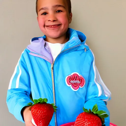 Image similar to charly with the racing jacket holding a jar of strawberry candy