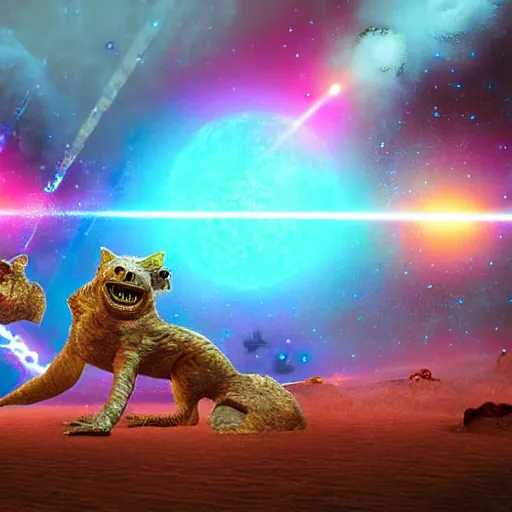 Image similar to laser war between funny creatures on a planet, digital art, award winning 4K