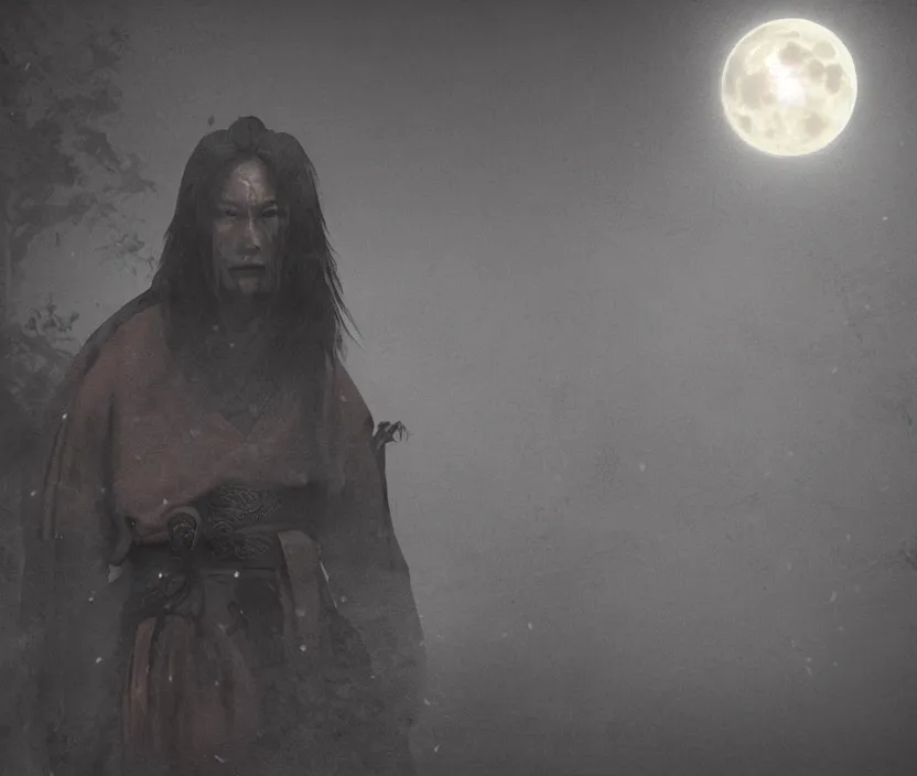 Prompt: 'a samurai! haunted by souls and ghosts with a big full moon on background , gloomy and foggy atmosphere, octane render, artstation trending, horror scene, highly detailded'