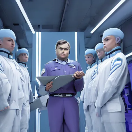 Image similar to troop jack black clones with white bob hairdos, tight light blue and lavender neopren suits, standing next to tall scientist looking at a clipboard, futuristic cloning facility, sci - fi, highly detailed, cinematic