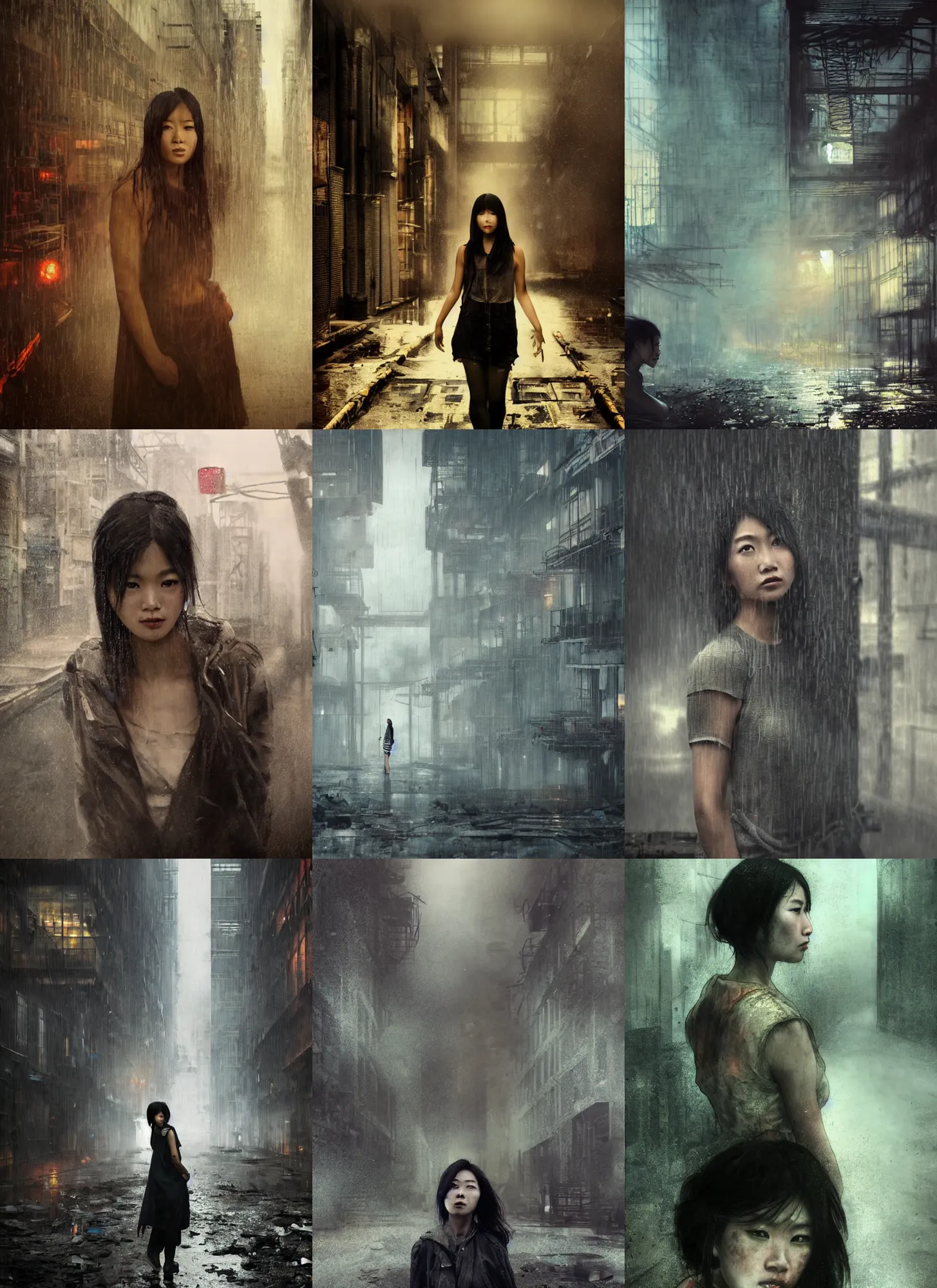 Prompt: an asian woman, beautiful face, in abandoned industrial city with towering factories, fire escapes, scaffolding, smokestacks at night in the rain dark moody lighting, innocent look, post - apocalyptic, desolate, by jeremy mann and alphonse mucha, dramatic lighting, ethereal, stunning, breathtaking, awe - inspiring award - winning, 8 k