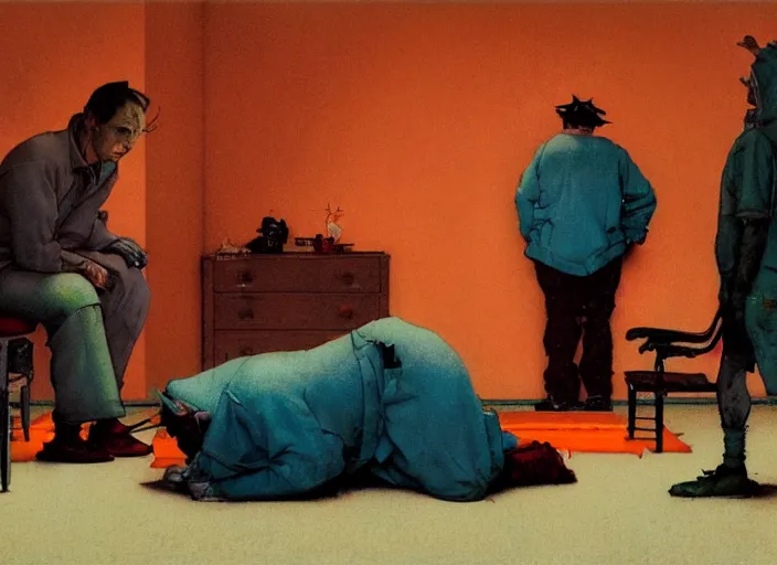 Image similar to a still from the movie one flew over the cuckoo's nest by francis bacon and norman rockwell and james jean, and mark brooks, triadic color scheme, by greg rutkowski, syd mead and edward hopper and norman rockwell and beksinski, dark surrealism, orange and turquoise