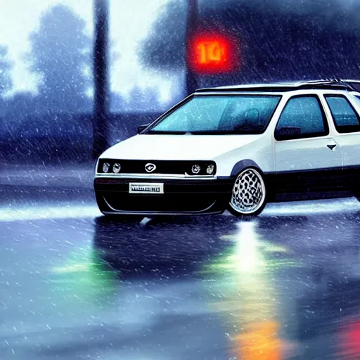 Image similar to vw golf gti speeding down a rain - soaked highway highly detailed, digital painting, concept art, sharp focus, by makoto shinkai