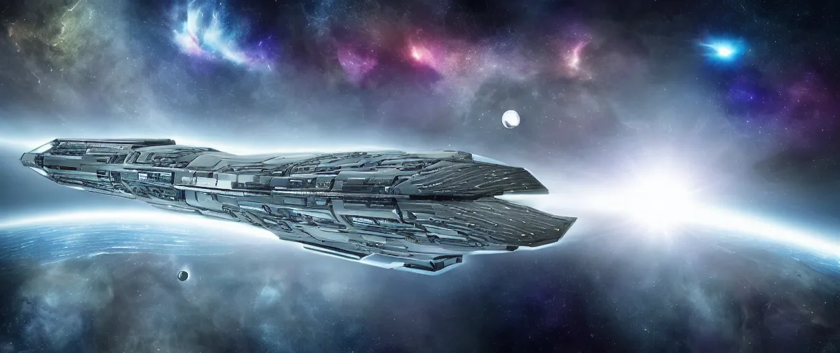 Prompt: the interstellar cruise ship yggdrasill fills the scene, a kilometer long tree ship flying through space protected by the most complex force shields and erg force fields. hour detailed, large windows and weaponry can be seen on the surface of the space ship