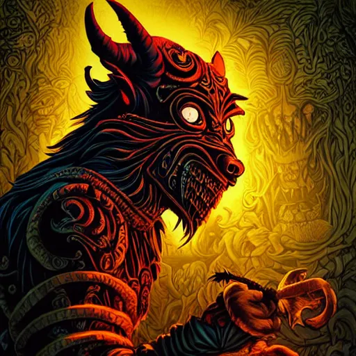 Image similar to side profile of barong family member, wiwek, mara demon, one single tribe member, jungle, one single mask, dark, ancient warrior, werewolf, tribal, inner glow, art by dan mumford and justin gerard