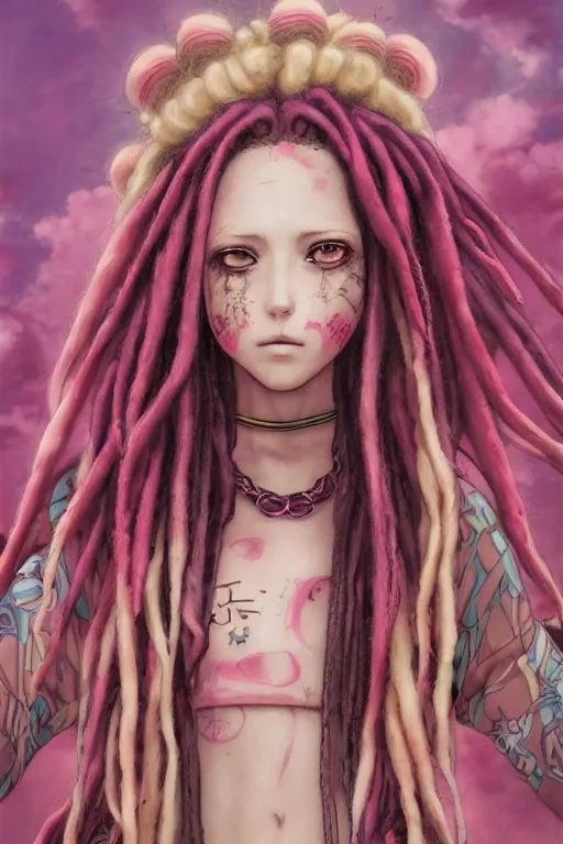 Prompt: portrait of an anime manga hippie girl with pink and brown dreads, straight on portrait, by artgerm, james jean, tom bagshaw, gerald brom, vaporwave colors, lofi colors, vaporwave, lofi, goth vibe, 4 k, smooth, hd, substance designer render, symmetrical,