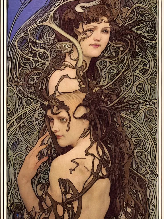 Prompt: an art nouveau mucha poster style head and shoulders profile portrait oil painting of the giger's alien queen xenomorph, intricate, detailed, smooth, complex, elaborate, by alphonse mucha and james gurney and john william waterhouse and bouguereau