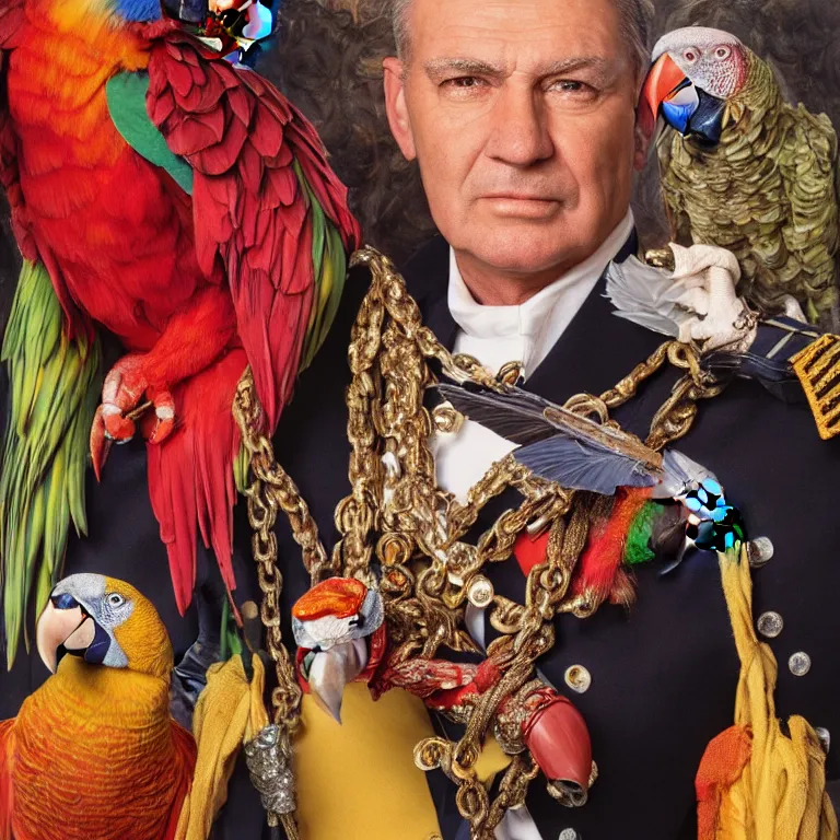 Image similar to close - up octane render portrait by wayne barlow and carlo crivelli and glenn fabry, an extremely elegant bold stern well - dressed admiral in a very powerful uniform, holding a colorful parrot, inside a colorful highly - themed nautical bar, very short depth of field, bokeh