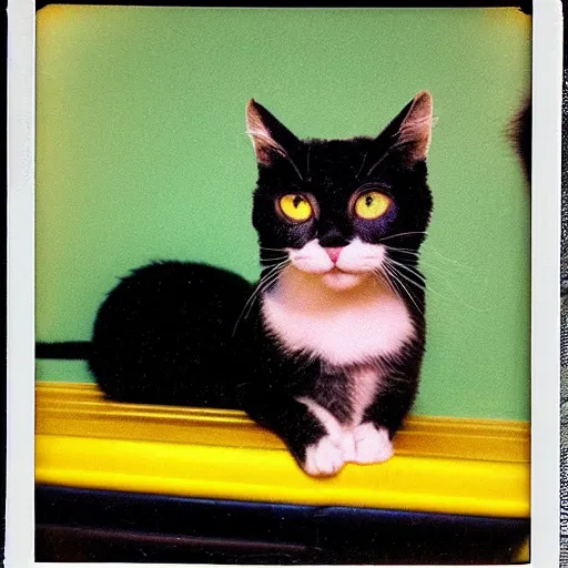 Prompt: wide-shot low-angle cat's eyesight photo of stray cat and a banana peel at the street in New York, polaroid photo, by Andy Warhol, signed