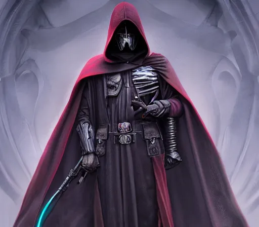 Image similar to ww 1 sith sorcerer, hooded cloaked sith lord, full head shot, covet death, full character concept art, highly detailed matte painting intricately beautiful, intricately detailed by dom qwek by darren bartley