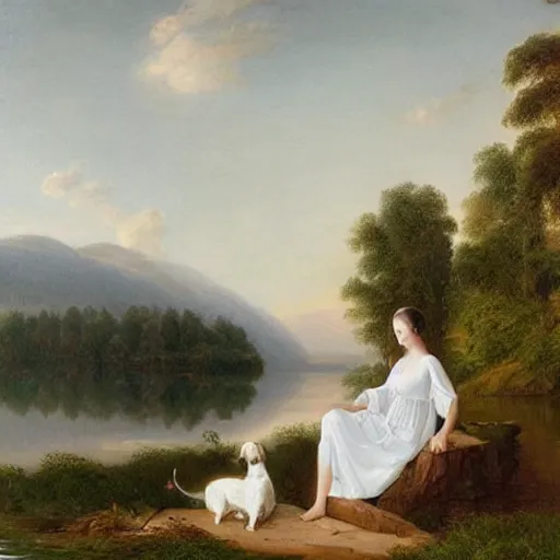 Image similar to two beautiful girls wearing white dresses beautiful faces a dog john martin landscape lake evening