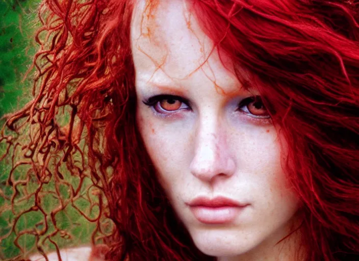 Prompt: award winning 3 5 mm face close up portrait photo of a redhead with blood - red wavy hair in a park by luis royo