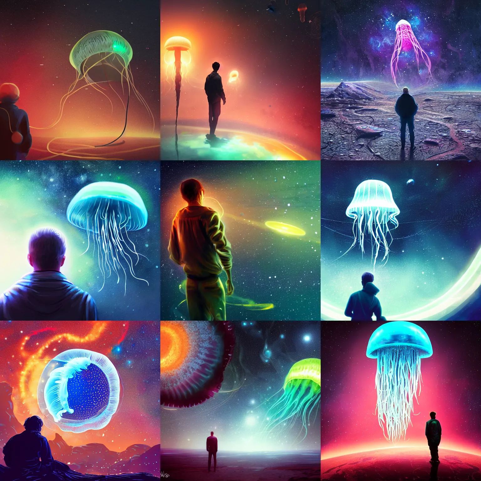 Prompt: over the shoulder photo of a man watching a magical glowing jellyfish in cosmic stardust, stars, galaxies, space, award winning photo, intricate, high detail, atmospheric, desolate, artstation