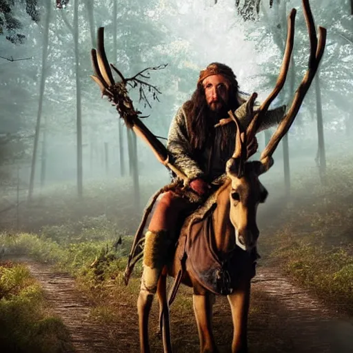 Prompt: hippie tribal hobo wearing twigs and leaves smiling sheepishly, riding tiny scuffy donkey with novelty oversized antlers, autumn forest, highly detailed, dramatic lighting, night time, cinematic, hyperrealistic, detailed, movie still from game of thrones