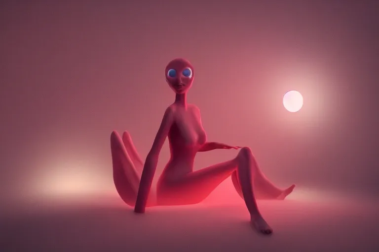 Prompt: a cute alien girl sitting on a cloud relaxing, misty, glows, blender render, hazy, foggy, red lighting, ambient lighting, 8 k,