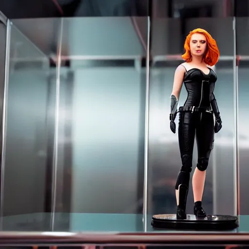 Prompt: high resolution photo of scarlett johansson as an action figure wearing the black widow outfit on a glass table.