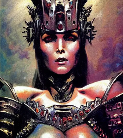 Image similar to portrait of strong female chaos angel, beautiful! coherent! by frank frazetta, by brom, strong line, vivid neon color, spiked scrap metal armor, iron helm maximalist