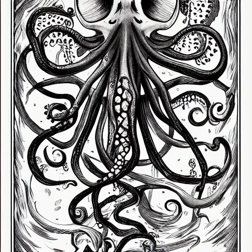 Image similar to a skeleton filled with octopuses, fantasy illustration