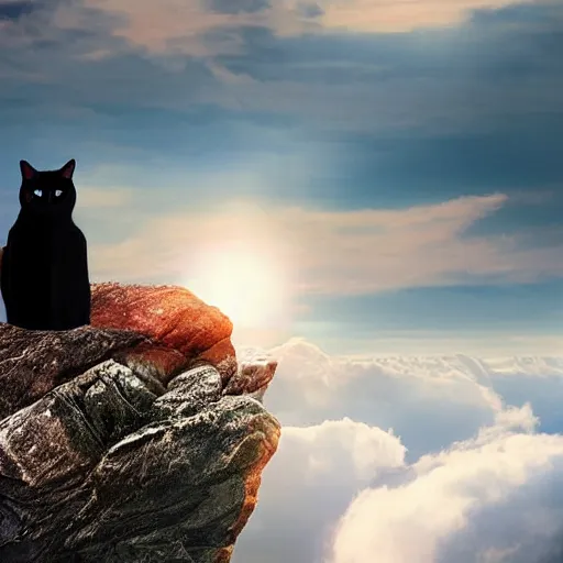 Prompt: a black cat sitting on top of a mountain enjoying the view, stunning digital art