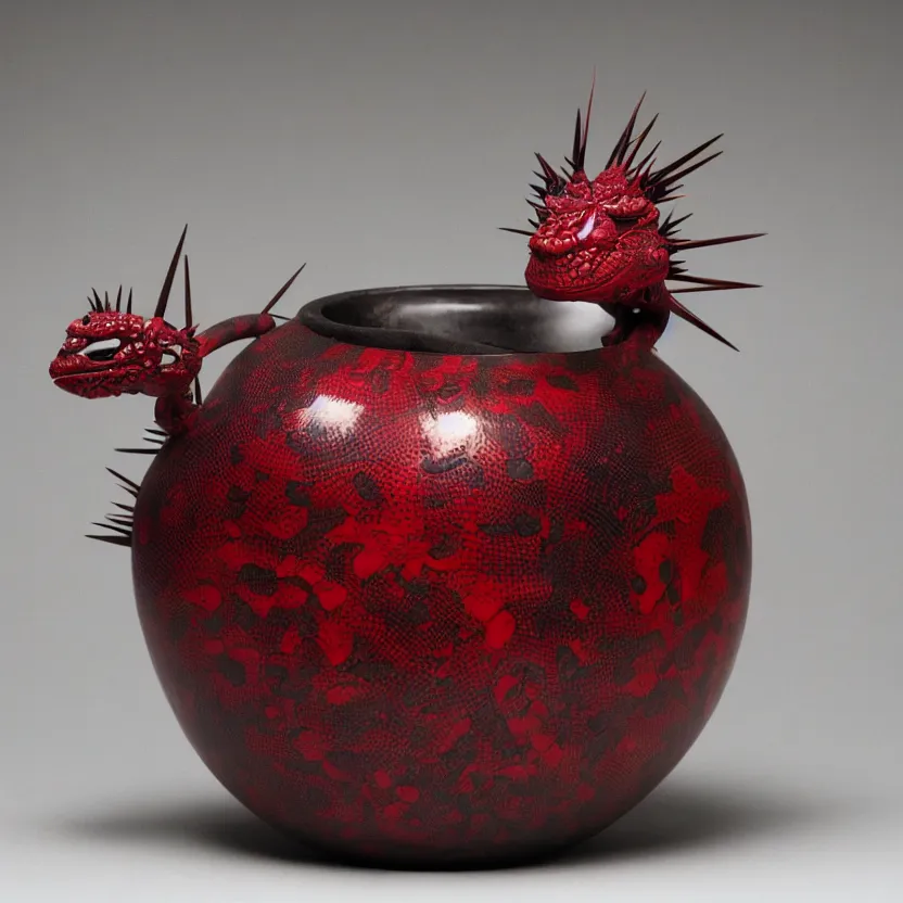 Prompt: Studio Photograph of Beautiful Handmade Yunomi with bone handle intricately carved with Lizard Eyes and painted with the image of Hungry Lizards by Paul Klee By Hans Bellmer and covered with hairlike spikes, Oxblood glaze Bright Intense Colors shocking detail hyperrealistic trending on artstation