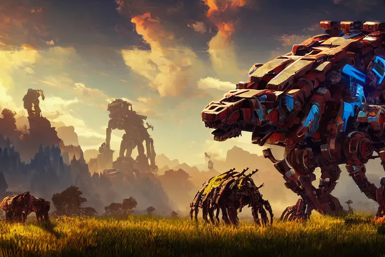 Image similar to grazer machine mecanical creature robot of horizon forbidden west horizon zero dawn radiating a glowing aura global illumination ray tracing hdr fanart arstation by ian pesty and alena aenami artworks in 4 k