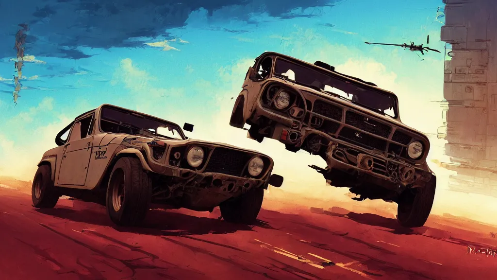 Image similar to digital illustration of mad max's fj 4 0 pursuit special, the last v 8 interceptor driving down a deserted cyberpunk highway in the middle of the day by studio ghibli, anime style year 2 0 9 3, by makoto shinkai, ilya kuvshinov, lois van baarle, rossdraws, basquiat