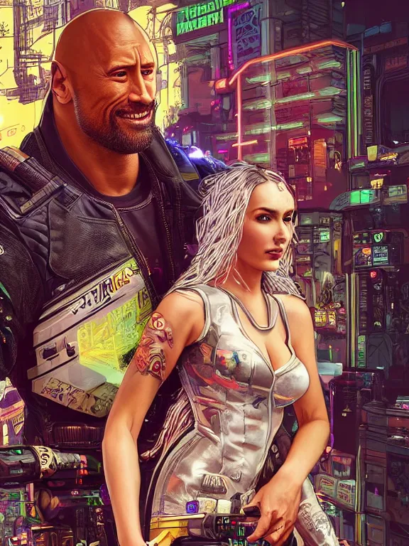 Prompt: a cyberpunk 2077 wedding portrait of Dwayne Johnson holding a female android,complex mess of cables and wires behind them connected to giant computer, love,film lighting, by laurie greasley,Lawrence Alma-Tadema,William Morris,Dan Mumford, trending on atrstation, full of color,face enhance, highly detailed,8K, octane,golden ratio,cinematic lighting