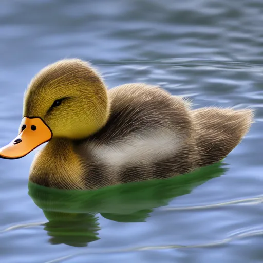 Prompt: furry duck in iridescent water, volumetric light, high detail, photorealistic