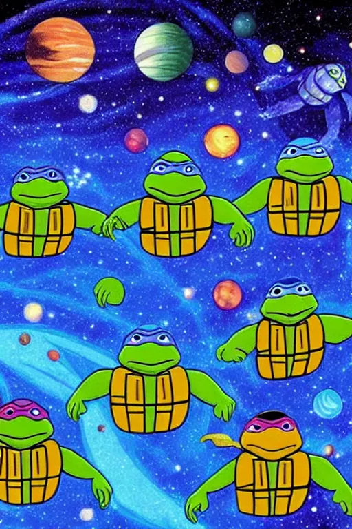 Image similar to the ninja turtles floating in deep space with a beautiful galaxy behind them