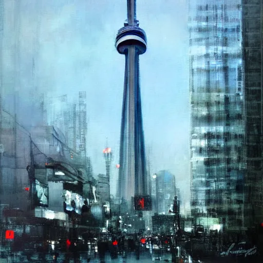 Image similar to toronto cn tower painting by jeremy mann